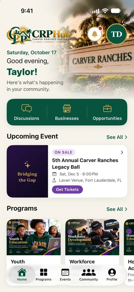 CRPHub home screen showing upcoming events and programs